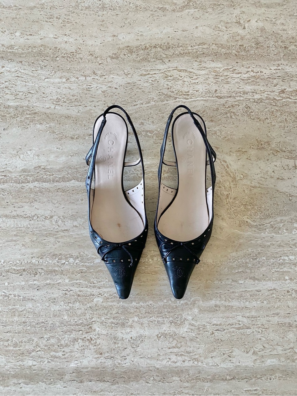 CHANEL Black Pointed Toe Slingback Heels